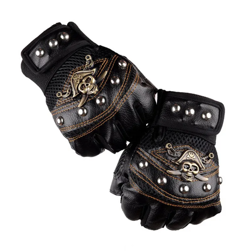 Guantes sin dedos de cuero PU con remaches de calaveras para hombres y mujeres, moda Hip Hop, guantes Punk de gimnasio, medio dedo