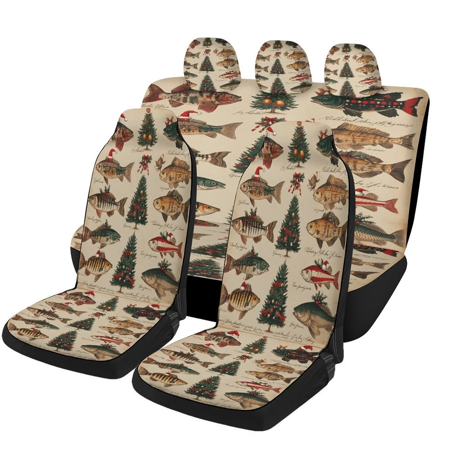 Set Of Car Seat Covers Featuring A Christmas Fish Collection, Suitable For Various Vehicles. Stylish And Durable, This Complete