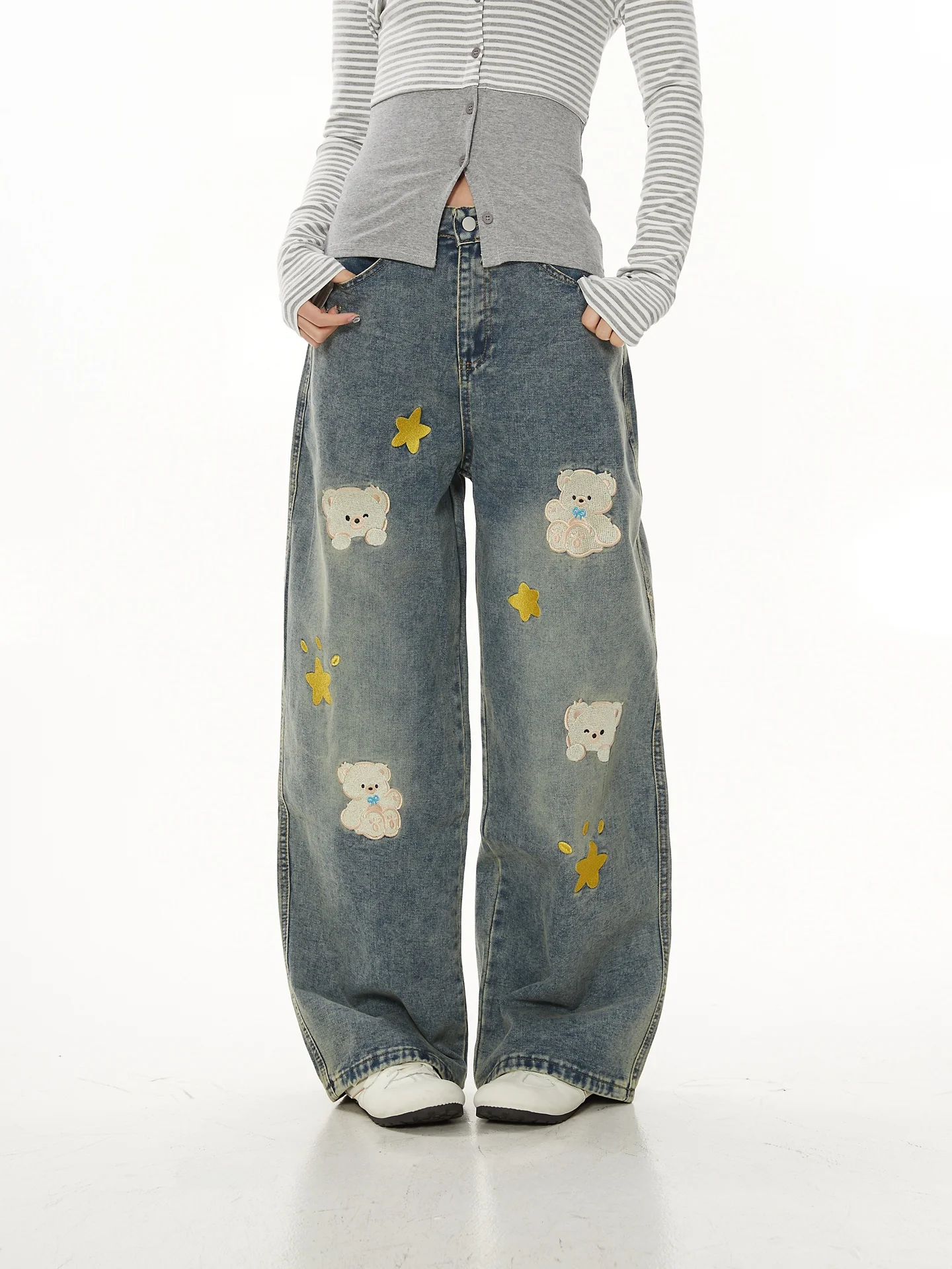 

Женские джинсы свободного кроя с вышивкой милого медведя, повседневные прямые брюки, удобные, модные, весенние, из мягкого денима из смесового хлопка