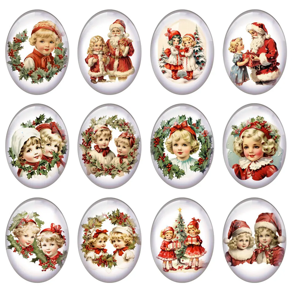 

10pcs/lot Christmas X-mas Winter Santa Kid Oval Photo Glass Cabochon Charms Flatback Demo Flat Back Cameo For Diy Jewelry Making