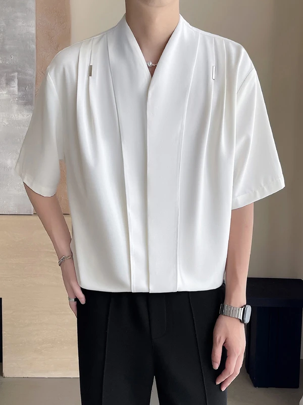 

New Chinese Design Ice Silk Men's ort Sve irt Summer Trendy f Sve Nel Stand Fit Youth Faion Casual Top