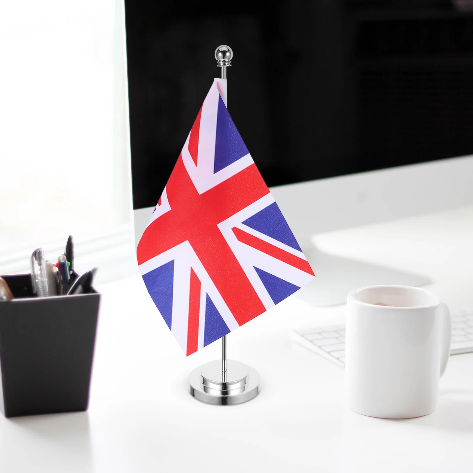 영국 미니 책상 깃발 영국 국기 테이블 깃발 견고한 은색 폴 스탠드 포함 사무실 가정 파티 장식 세계 깃발 배너