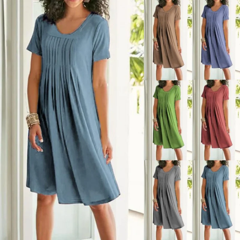 

TOY-New Spring Summer Autumn Solid Color Round Neck Pleated Loose Short Sleeve Mid-Length Dress Women's Clothing