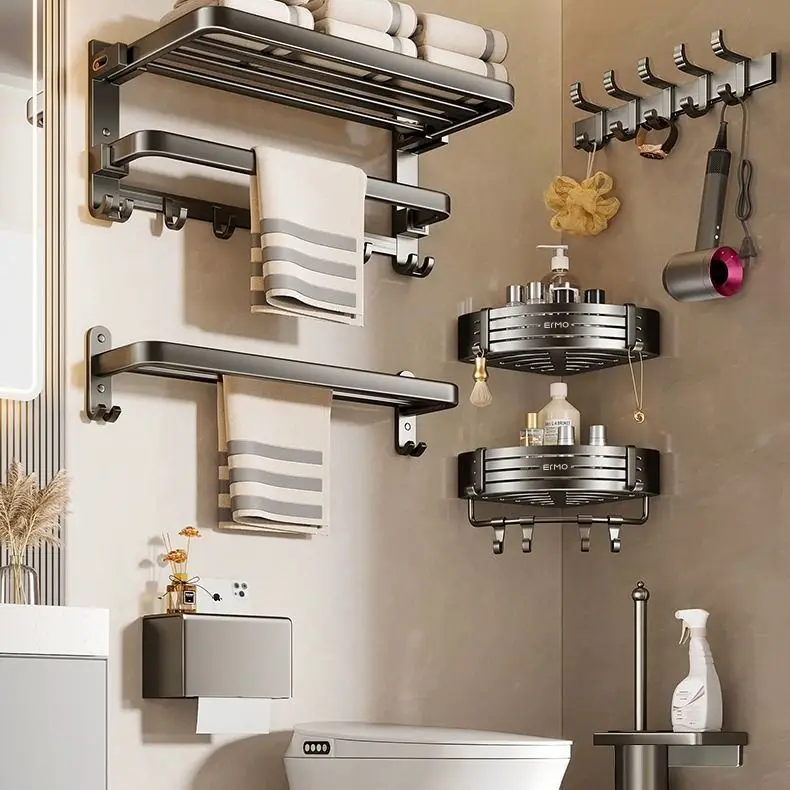 Gun Grey Space Aluminum Towel Rack Set Combination No Punching Toilet Storage Rack Bathroom Rack Toilet Bathroom Bathroom