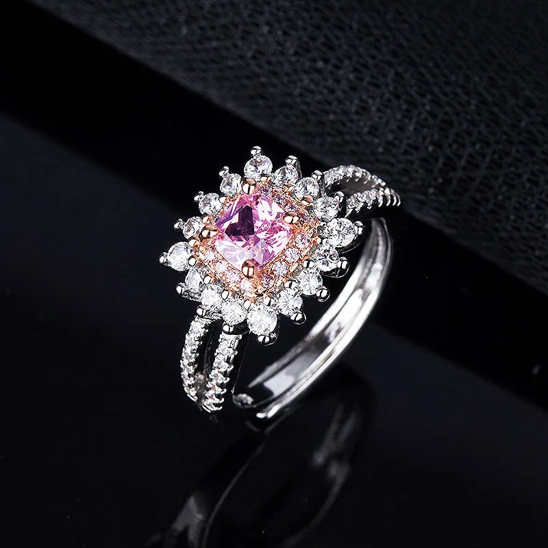 

SEREIN Luxury Pink Flower Princess Diamond Crystal Open Ring Pink Gem Engagement Wedding 925 Silver Color Women's Ring Jewelry