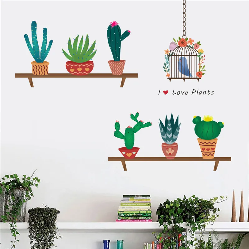 Cactus Aloe Vera Flowers Pots Wall Sticker For Office Living Room Decoration Pastoral Mural Art Diy Home Decal Poster