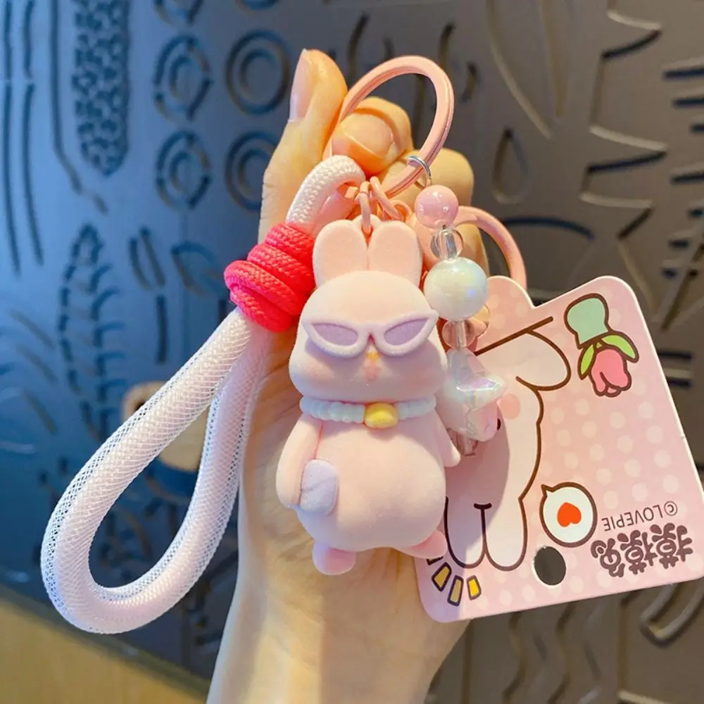 Adorable Charm Cartoon Bunny Key Chain Creative Cute Soft Flocking Animal Keyring Delicate Anti-Lost Backpack Pendants Handbags