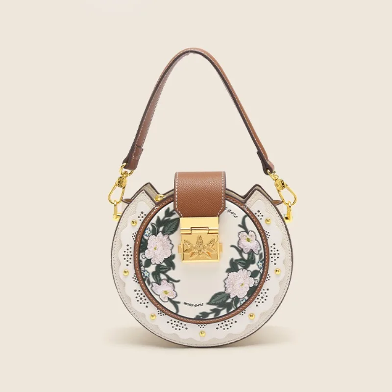 

Women Handbags Embroidered Round Shoulder Bags Small Circular Cake Crossbody Totes Luxury Design Fashion Ladies Female Purses