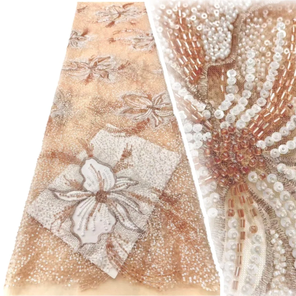 

New Design Fashion Africa Nigerian Artistic Pattern Embroidery Sequins Hot Sale French Beads Tulle Lace for Party Dress AH1477