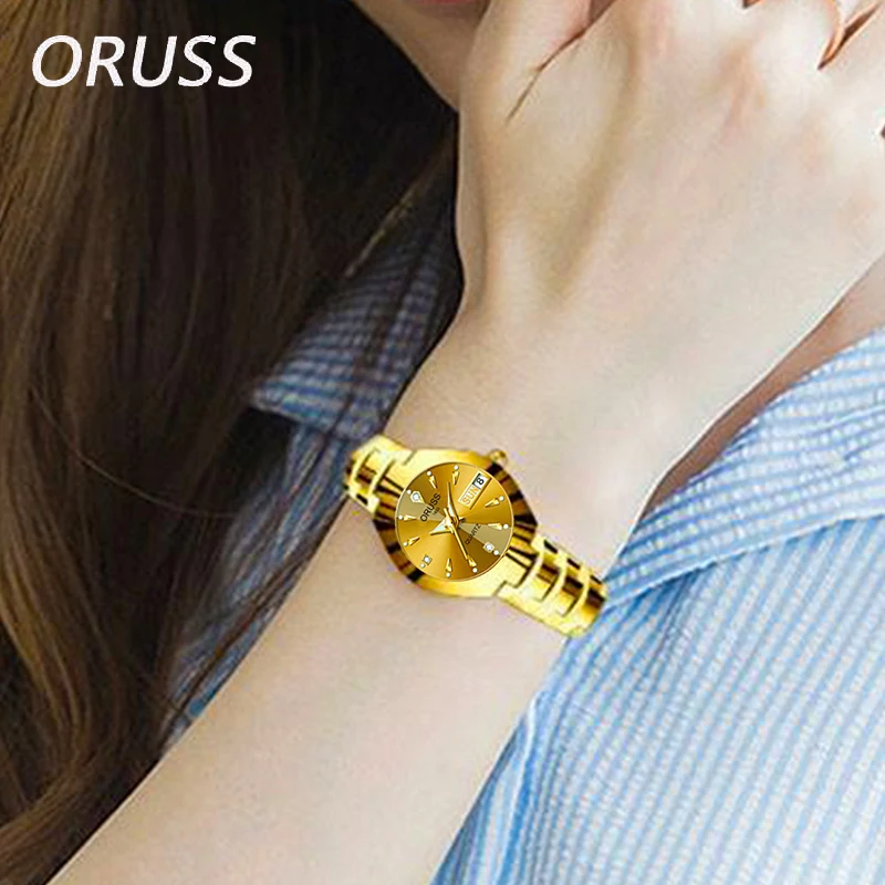 ORUSS Lovers Business Women Couple Fashion Watch Luxury Wristwatch Stainless Steel Waterproof Date Week Display Women Wristwatch