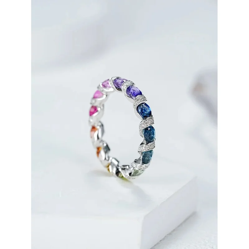 S925 Silver Gold-Plated Eternity Ring, Donut Rainbow Gradient, Mixed Egg-Shaped 3x4mm Lab-Grown Colored Sapphire, Custom Jewelry