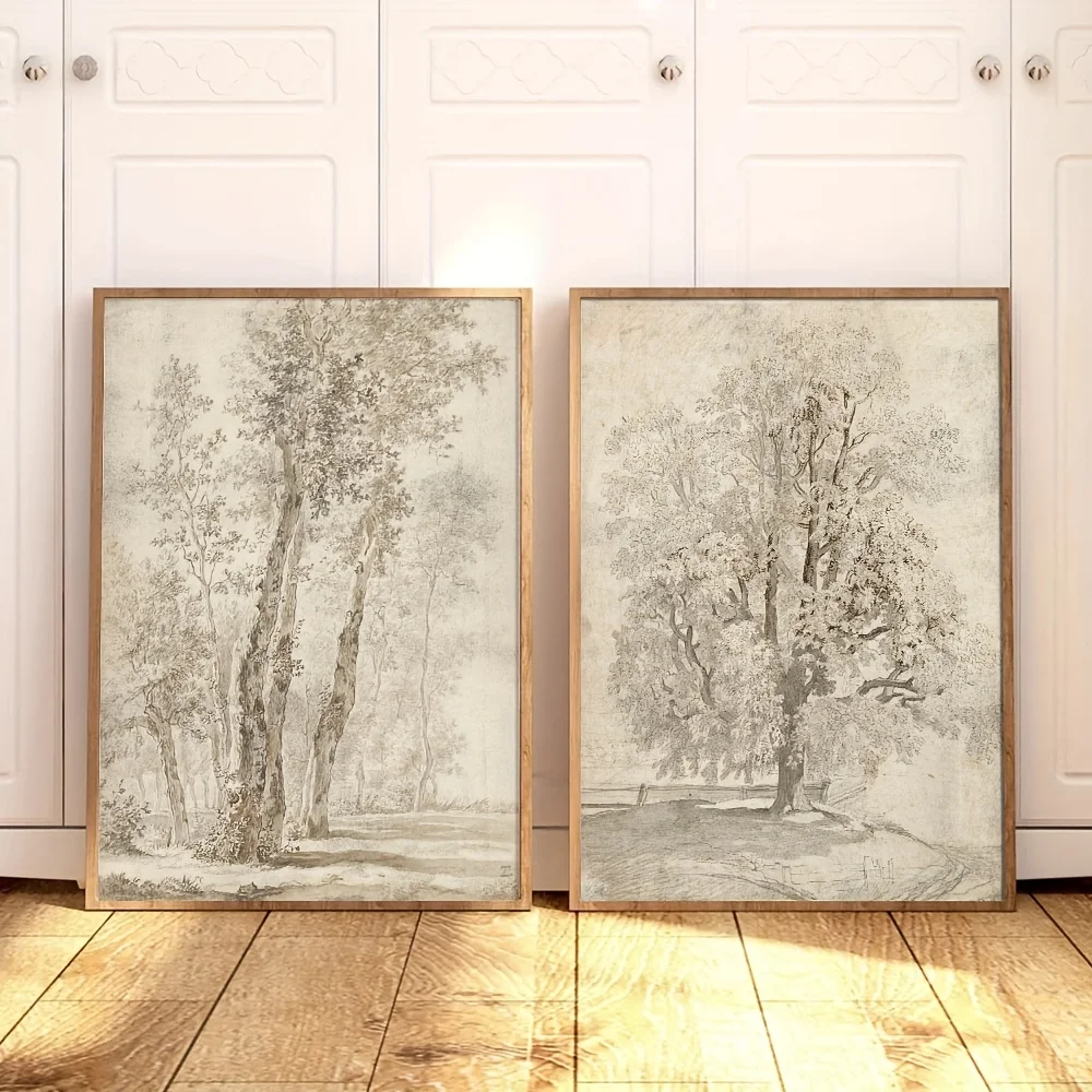 2D/Flat Set of 2 Unframed Beige Sketch Tree Canvas Art Work, Retro Rustic Artwork Poster for Living Room and Bedroom Decortions