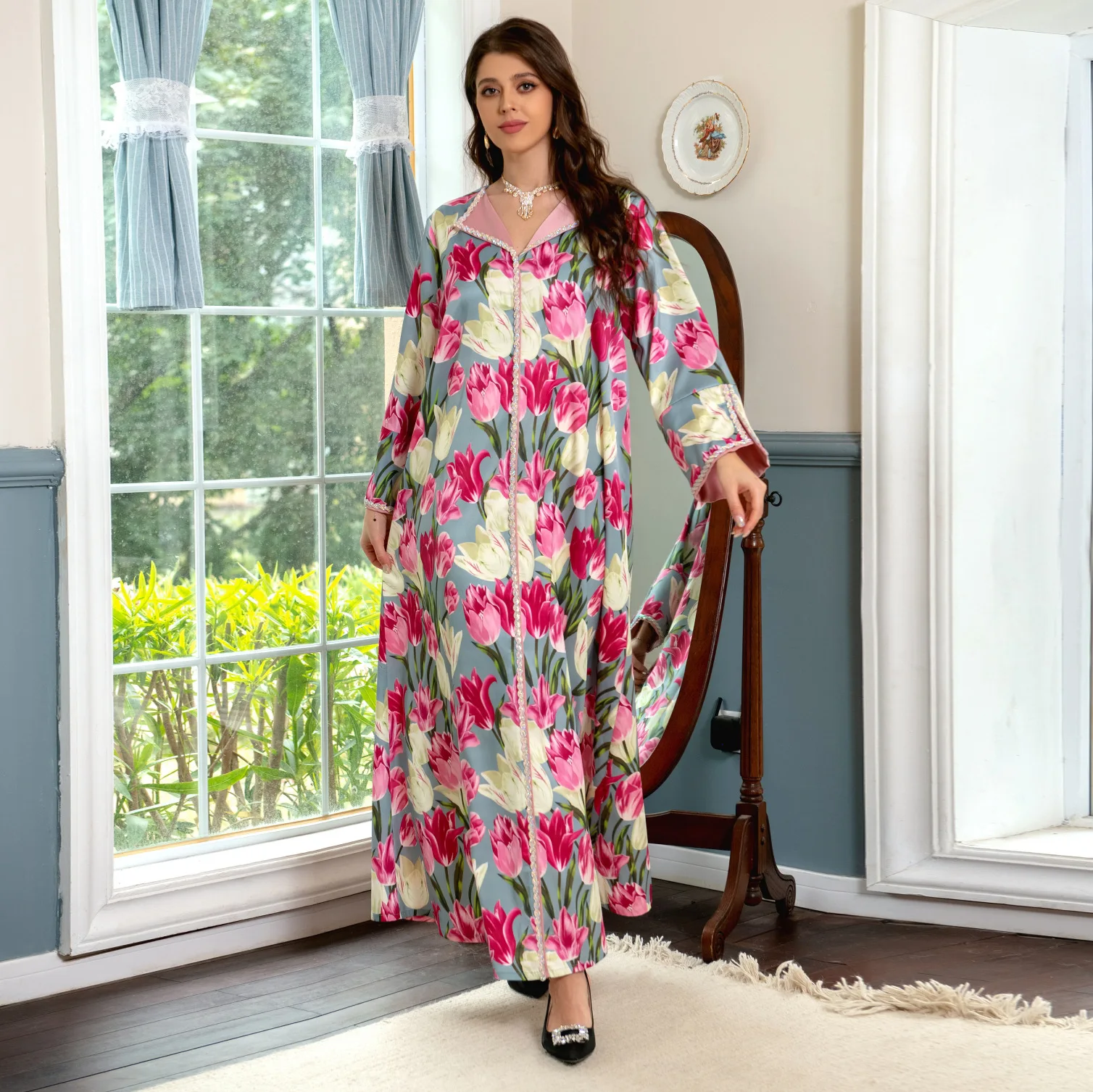 Sweet Tulip Print Long Dress for Women Chic Twists Rhinestone Lapel Long Sleeve Muslim Abaya Moroccan Jalabiya Eid Dress 2024