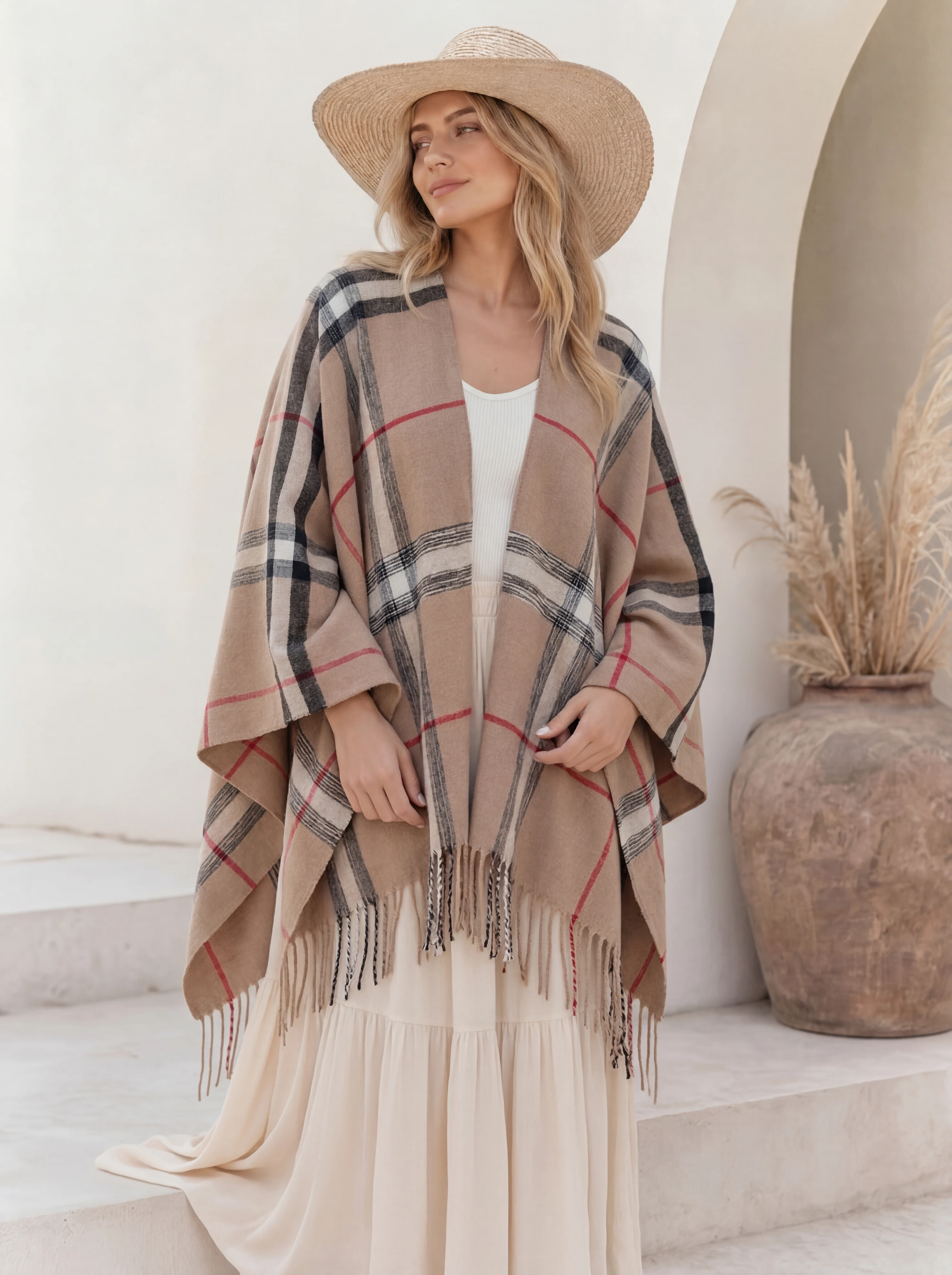 Tartan Plaid Fringe Ruana Wrap for Women, Lightweight Open Front Poncho Shawl, Fall Winter Travel Cape Coat
