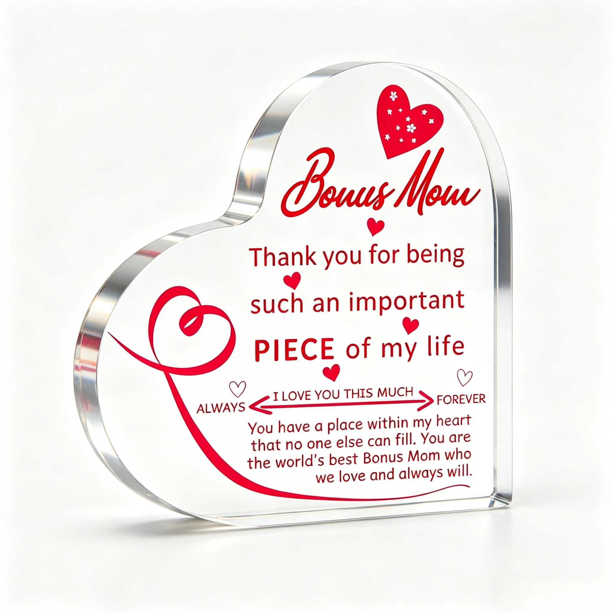 Bonus Mom Heart Acrylic Plaque, Red Ribbon Heart Stepmom Thank‑You Sentimental Desk Keepsake Gift