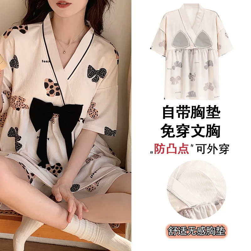 Ensemble de pyjama coréen pour femmes, vêtements de détente d\'été, vêtements de nuit pour filles, revers doux, imprimé ours Kawaii, japonais, maison