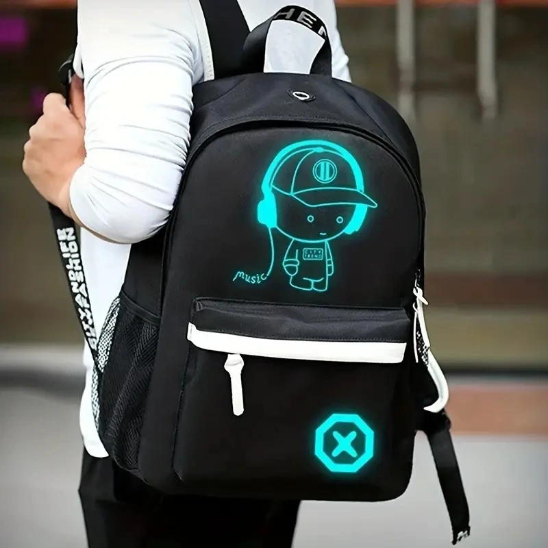 2pcs Luminous Backpack Music Boys USB Casual Backpack Cartoon Print Design Capacity Laptop Lightweight Backpacks With Chest Bags