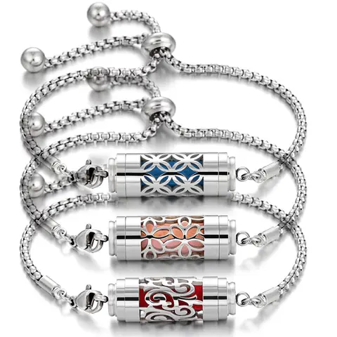 Pulsera de aromaterapia de acero inoxidable, cadena ajustable, medallones de Perfume, pulsera difusora de aceites esenciales, joyería aromática