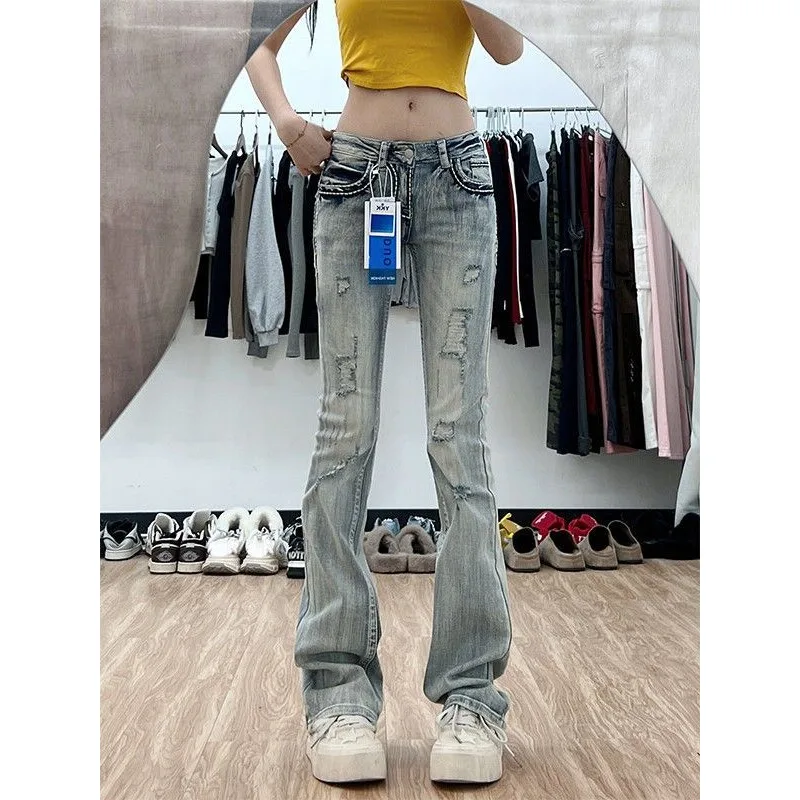 Tall Lengthened European and American Retro Ripped Jeans Women's 2025 Summer Low-rise Slim-fitting Floor Pants