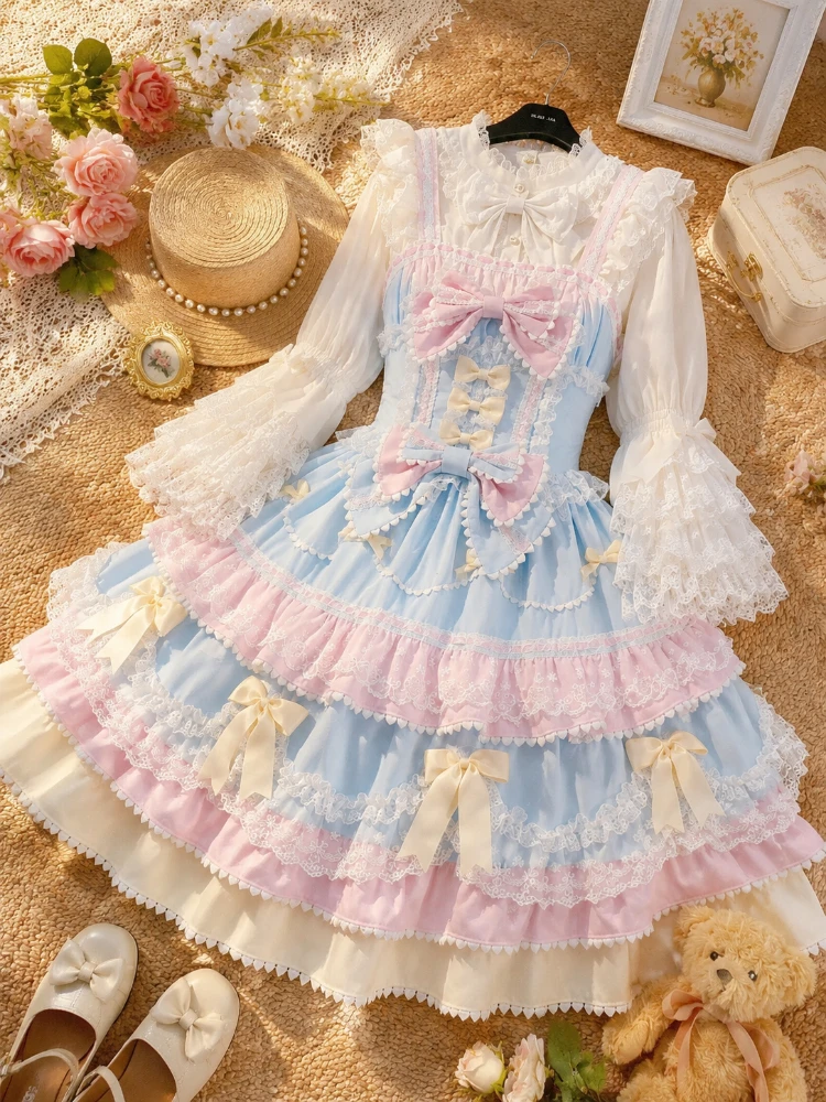 

Vintage Harajuku Sweet JKS Lolita Two Piece Set Japanese Retro Lace Dress Women Bow Suit Daily Holiday Party Gathering Outfit