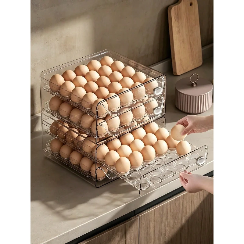 Large Capacity Refrigerator Egg Storage Drawer Double Layer Transparent with Lid Space Saving Egg Rack Organizer