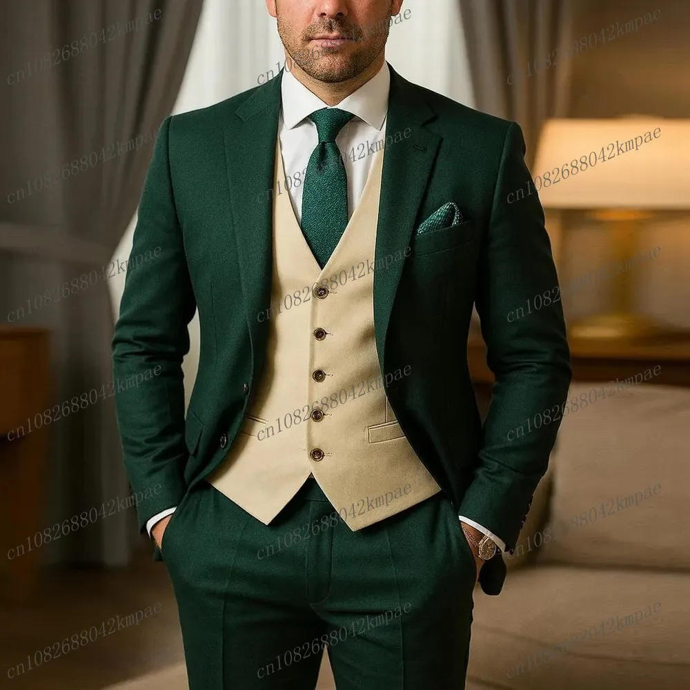 Traje Formal verde oscuro y Beige para hombre, novio, padrino de boda, fiesta, graduación, negocios, esmoquin para hombre, conjunto de 3 piezas, chaqueta, chaleco, pantalones