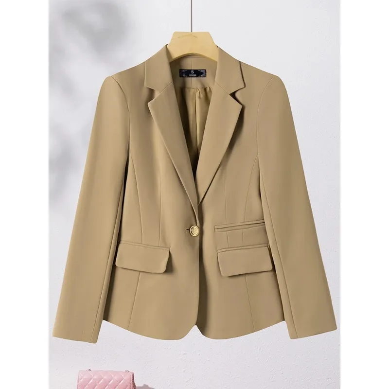 Setelan Blazer jaket wanita, hitam Khaki jaket wanita lengan panjang kancing tunggal pakaian kerja Solid mantel Formal untuk musim gugur musim dingin