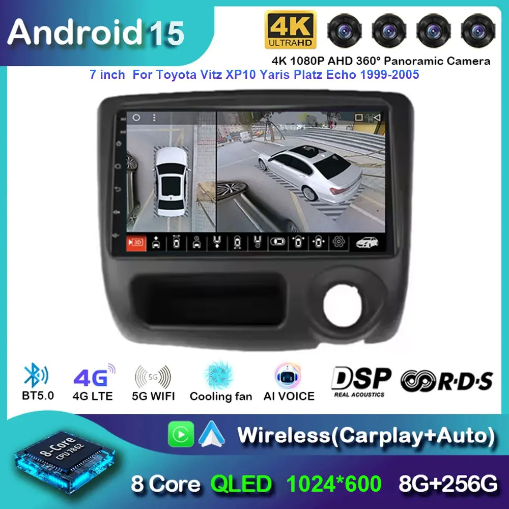 Android 15 para Toyota Vitz Yaris Echo 1999-2005 Carplay Auto Radio reproductor de vídeo Multimedia navegación GPS WiFi bt DVD