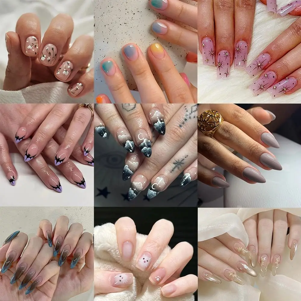 Uñas postizas de almendra larga para manicura, puntas de uñas francesas desmontables, Stiletto, flores, arcoíris, estrella, gato, 24 piezas