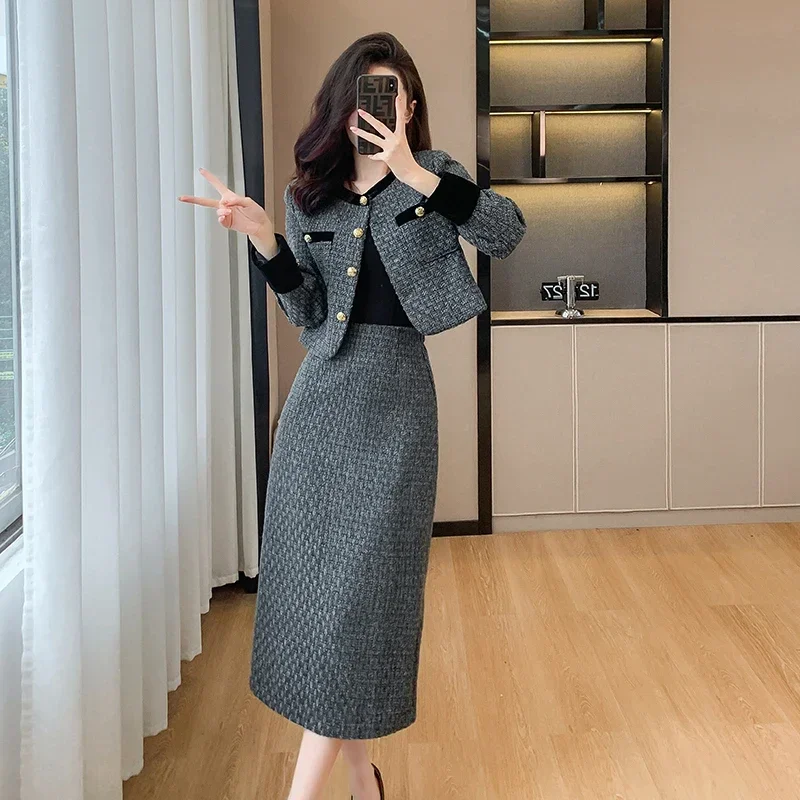 Popular French Style Socialite Women's Suit Jacket 2024 Autumn and Winter Elegant Short Coat Top Mid-length Skirt Two-piece Set