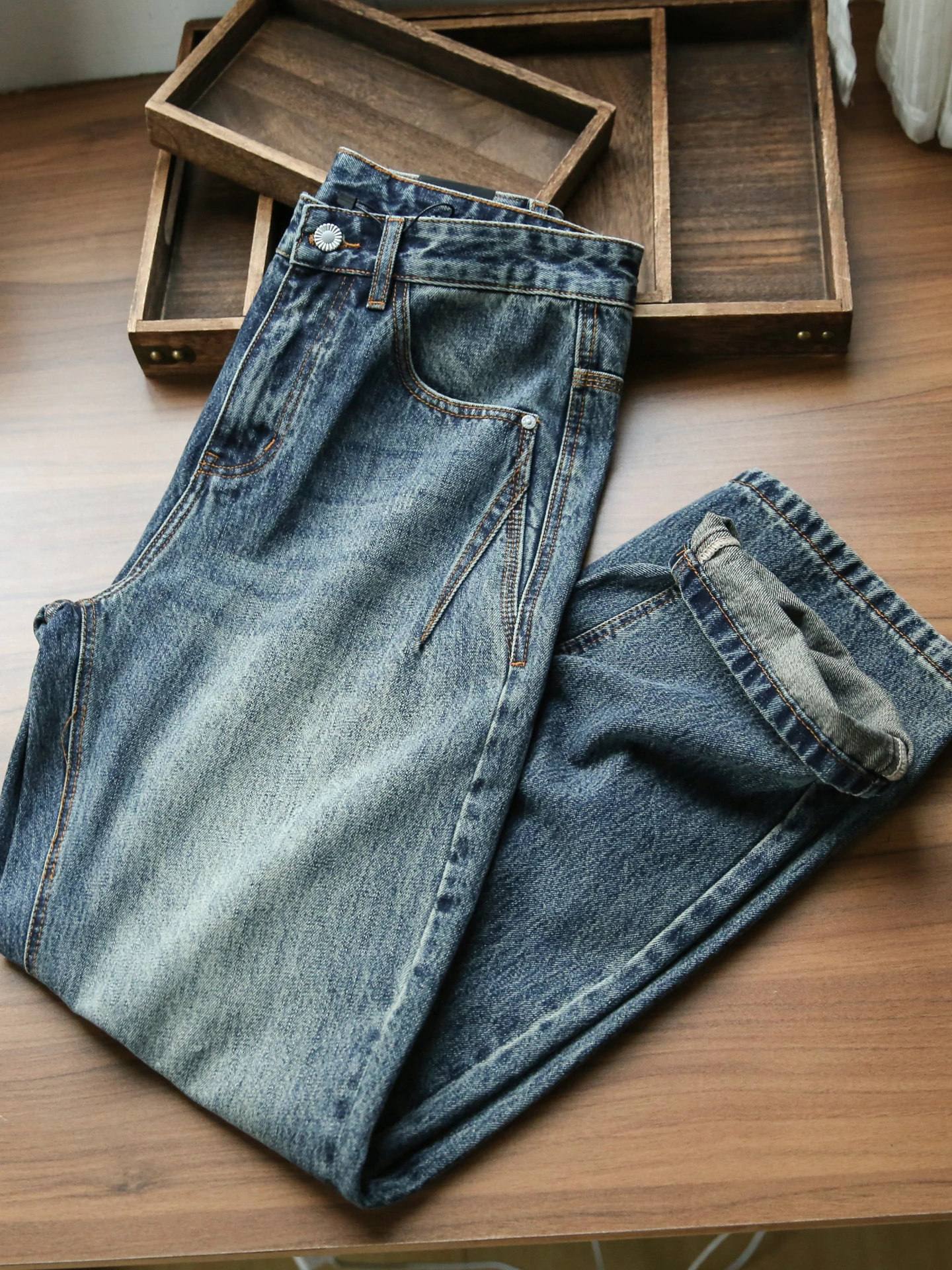 

Мужские джинсы в американском ретро-стиле, прямые, удобные, повседневные, длинные брюки, осенне-зимняя новинка, модные, с эффектом потертости