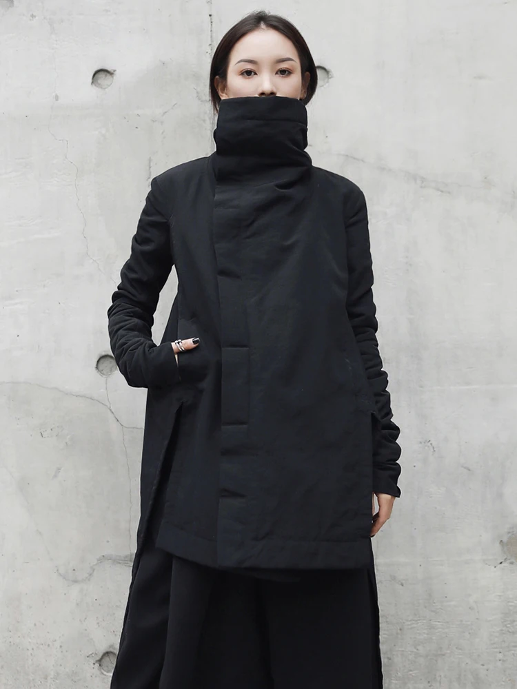 [EAM] 2024  New Fashion Winter Stand Lead Irregular Long Type Cotton-padded Clothes Loose Coat Solid Black Jacket Woman YA771