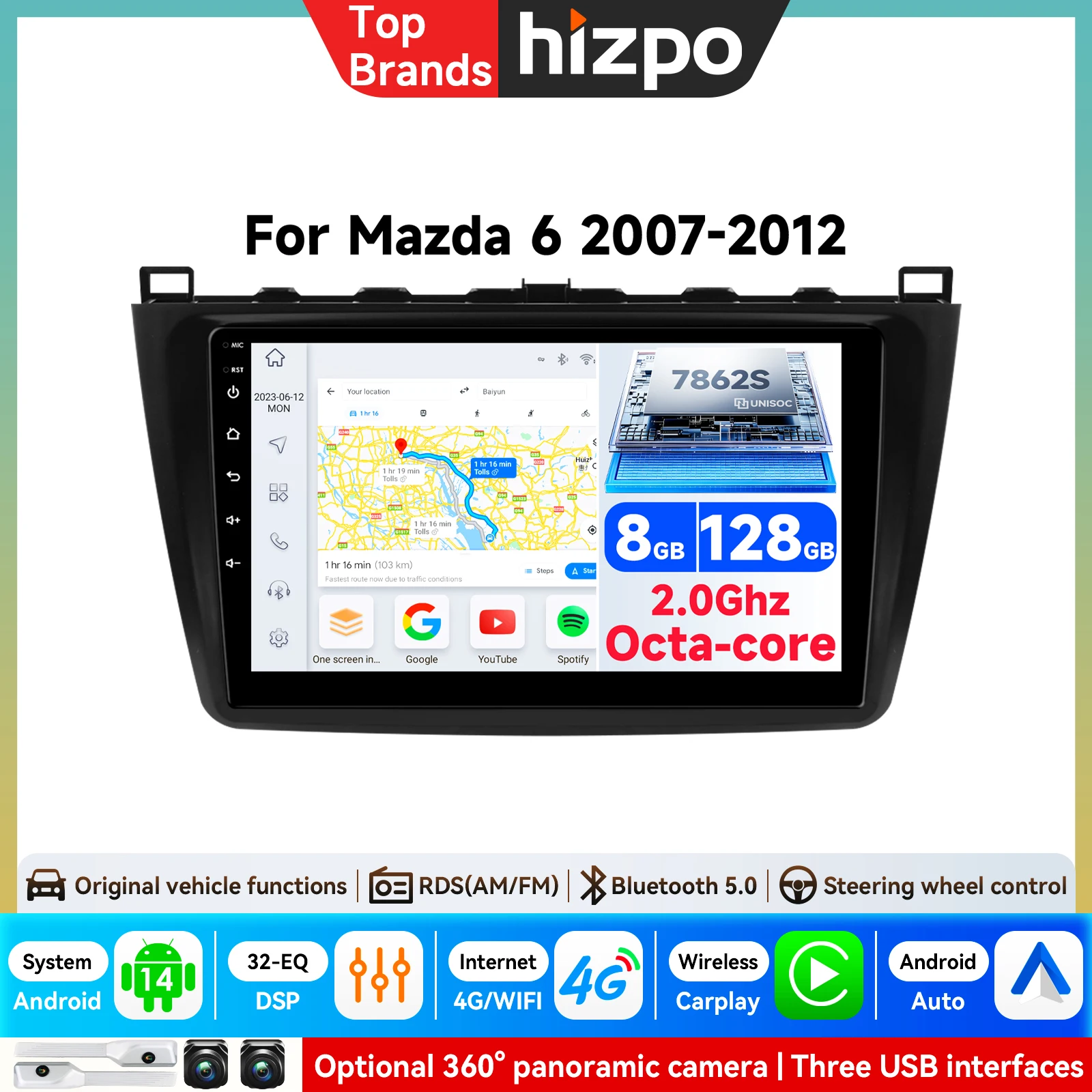 Hizpo 9'' Android 15 Autoradio Multimedia-Player für Mazda 6 6(GH) RUI 2007 2008 2009 2010 2011 2012 Navigation CarPlay GPS Auto