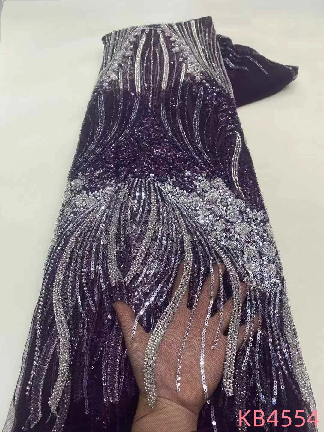 African Lace Fabric Luxurious Women's Evening Dresses French Mesh With Sequence Burnt Orange Beaded Lace Fabric For Cloth KB4554