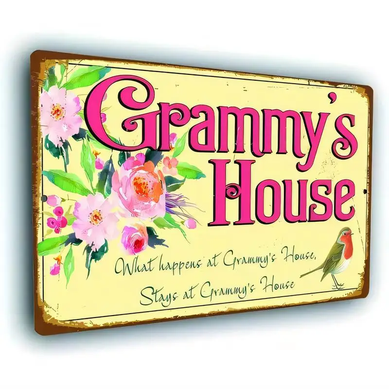Vintage Metal Grammy's House Sign - Retro Floral & Bird Design, Iron Wall Art with Pink Flowers, Perfect for Home/Grammy’s Room