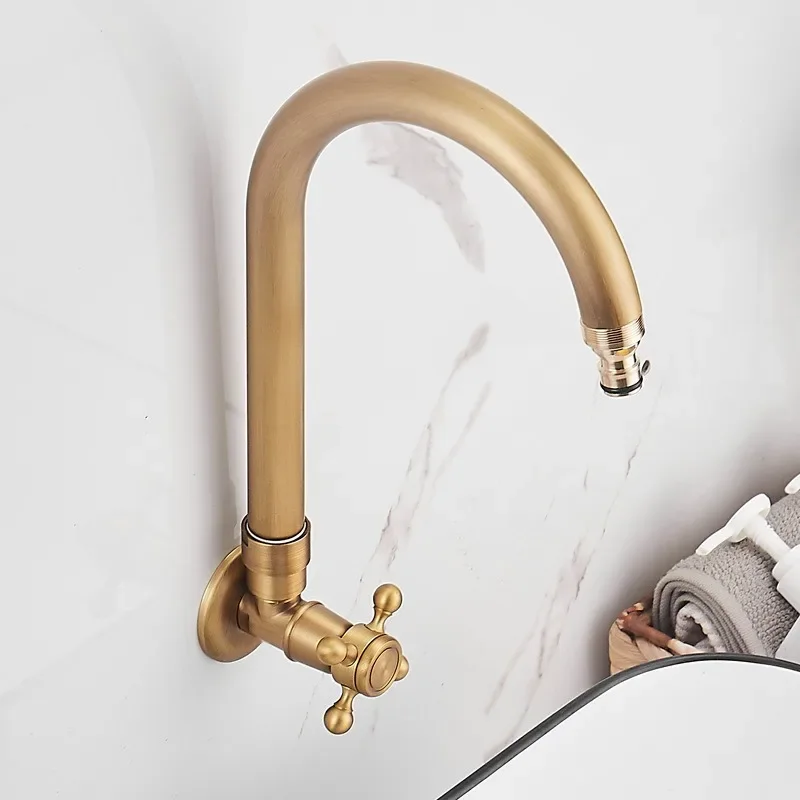Antique Brass Wall Mounted Tap, Single Cold Outdoor Garden Faucet, Solid Brass Extended Basin Tap, Frost-Proof Retro Water Tap