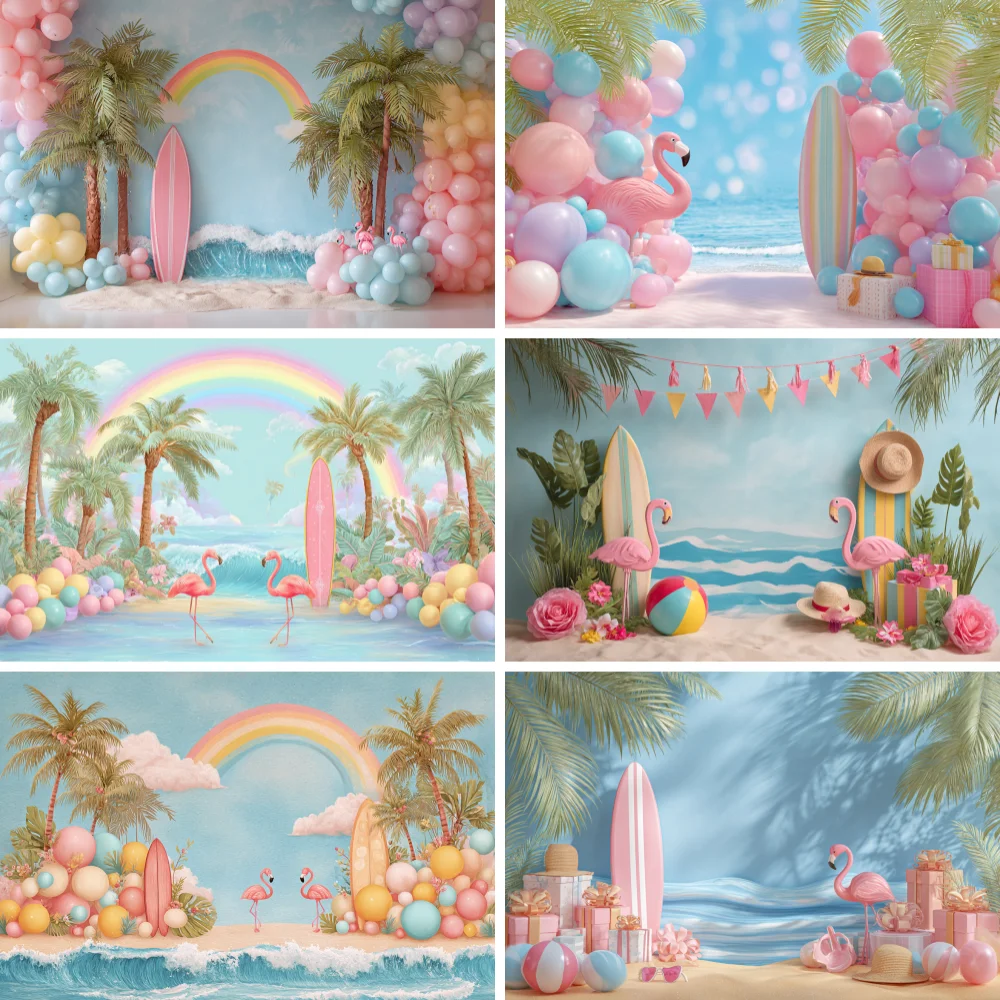 

Summer Beach Pool Party Backdrop Hawaii Seaside Swimming Ring Flamingo Palm Tree Birthday Holiday Party Photography Background
