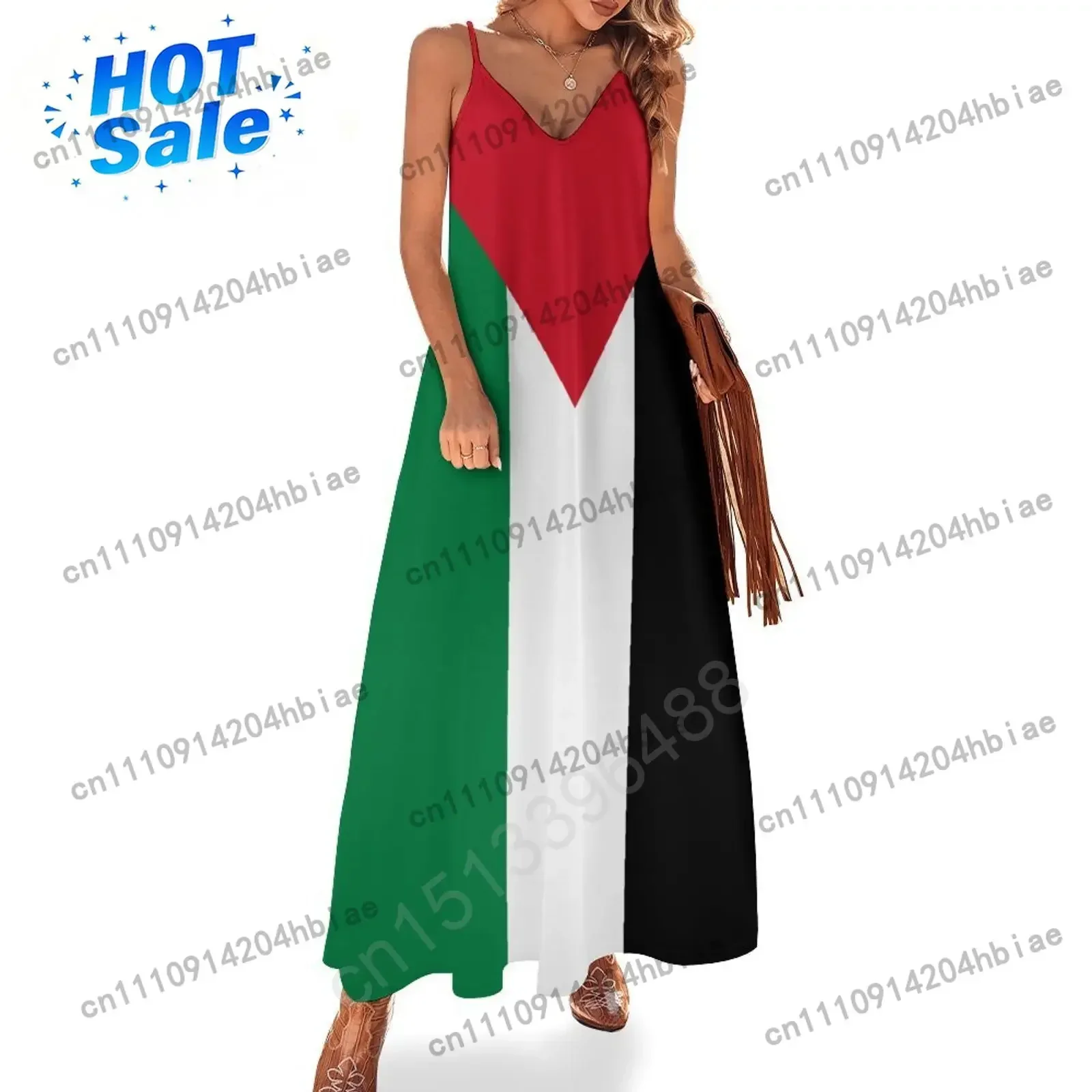 Palestine Flag Flag Print New Casual Sleeveless Long Dress Women's V-Neck Printed Dress Swing Retro Dresses