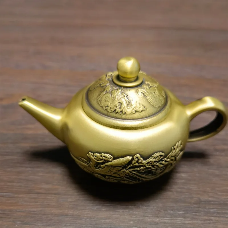 

Brass handle pot, mini small teapot, dragon and phoenix teapot, antique metal decorations, tea ceremony utensils