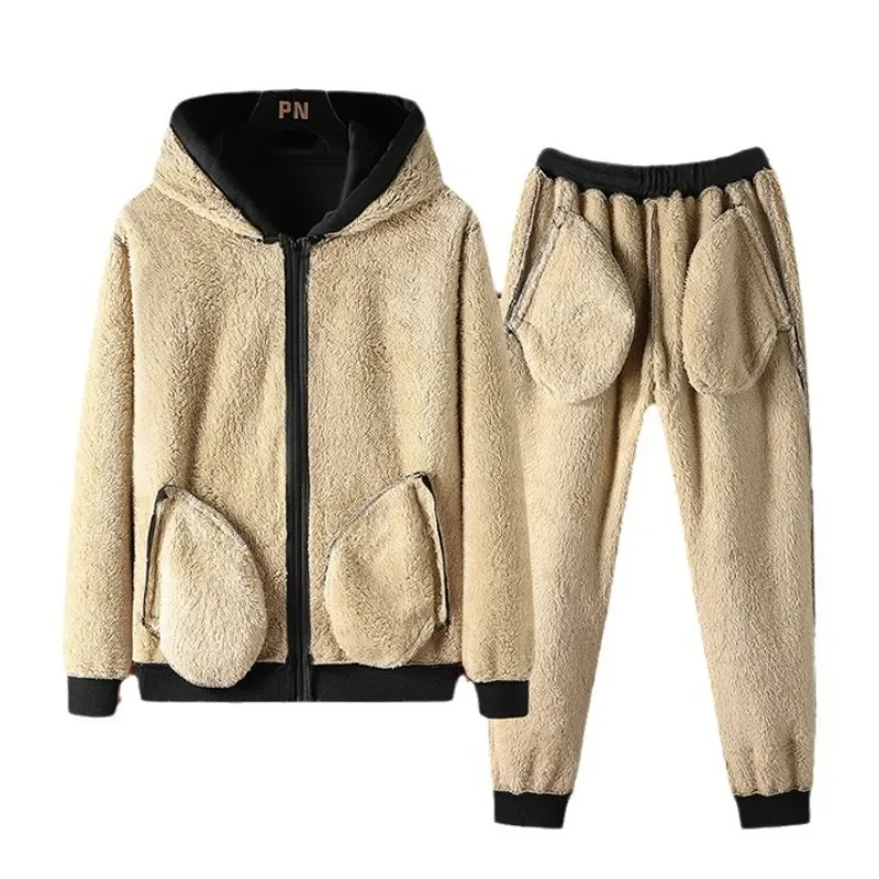 

2024 Thickened Fleece-lined Men's Jacket Casual Sport Suit Trendy Men's Fashion Clothing Pants 2-piece set Large size