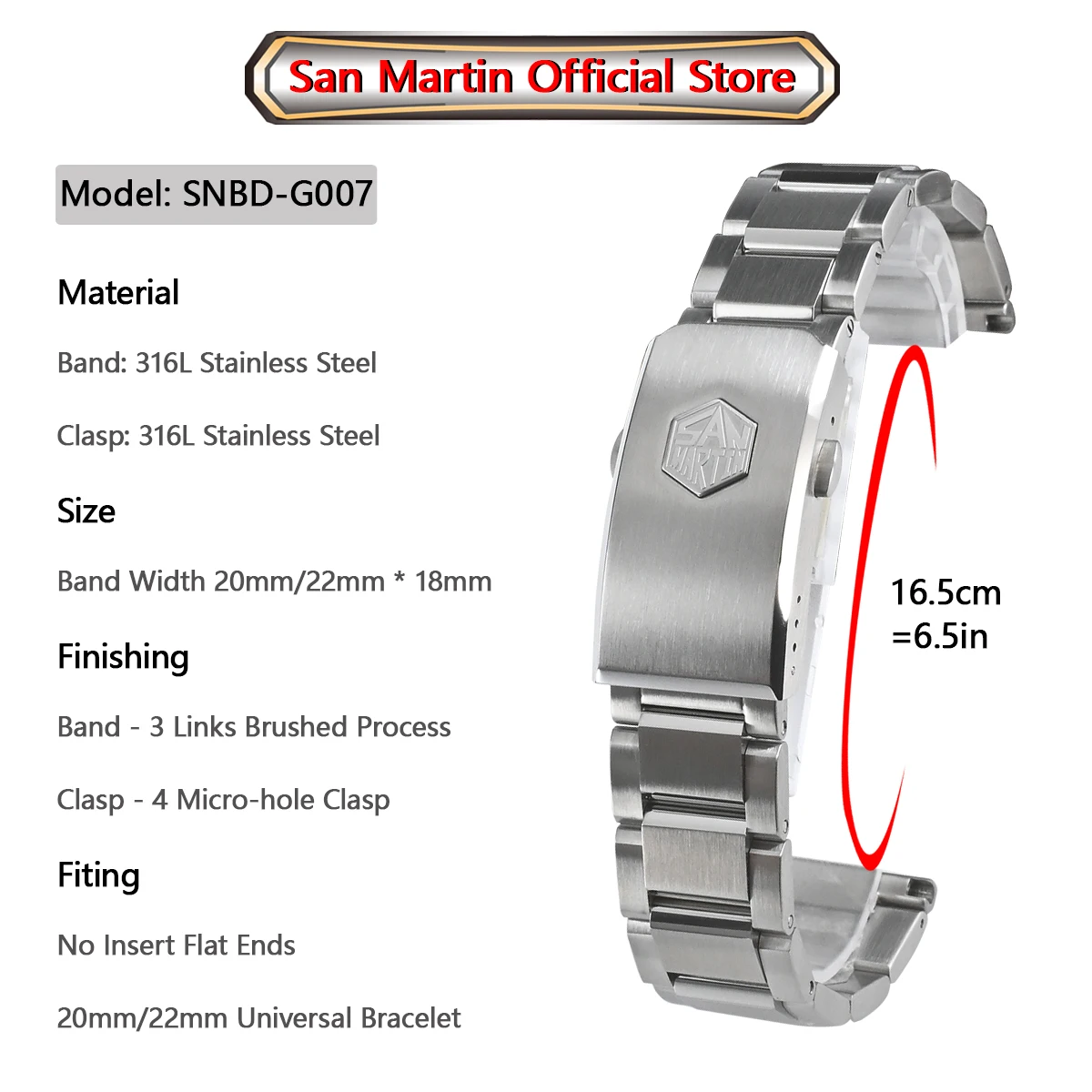 San Martin High Quality 316L Stainless Steel 3Links 20mm 22mm Universal Strap Watch Bracelets Parts No Insert Flat Ends Bracelet