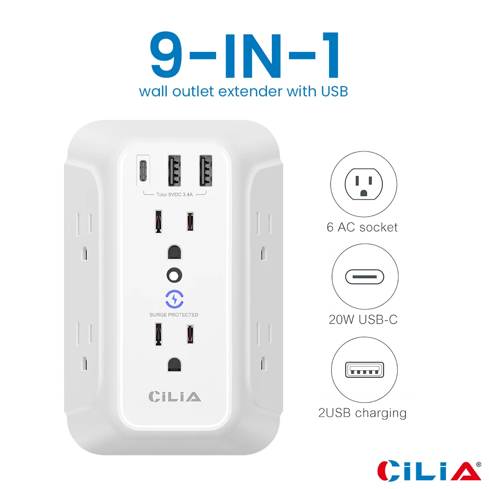 

CILIA Wall-mounted socket, standard power socket, 6 AC power sockets, 3 USB charging interfaces, 1 Type-C charging interface