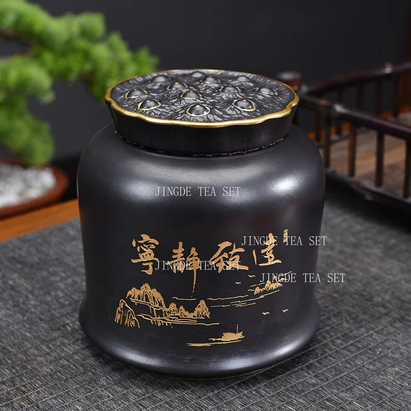 Retro Black Porcelain Tea Canister Lotus Seedpod Shape Lid Gold Calligraphy Pattern Airtight Loose Tea Storage Container Teaware