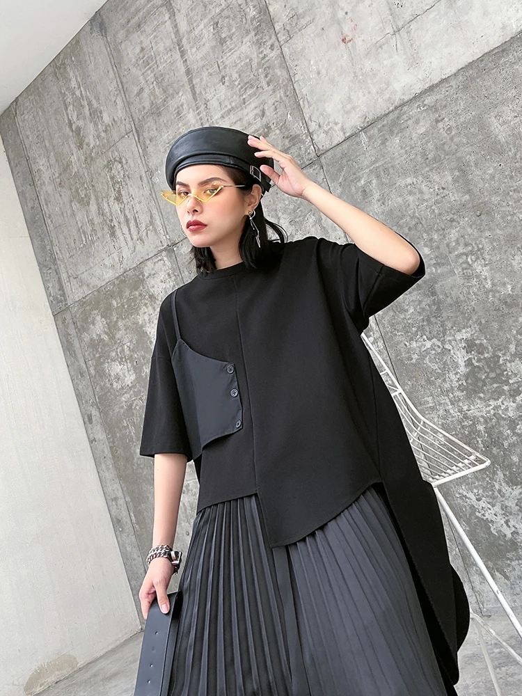 

Black Short Sleeve T-Shirt Short Style Inner Wear Casual Loose Fit Breathable Spring Summer Women's Top Asymmetrical Design