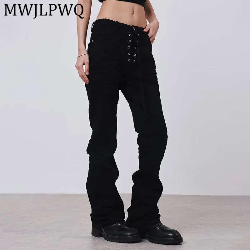 MWJLPWQ Dark Three-Dimensional Pleated Slim-Fit Straight Basic Jeans Male Metal Drawstring Design High-End Casual Trousers 14661