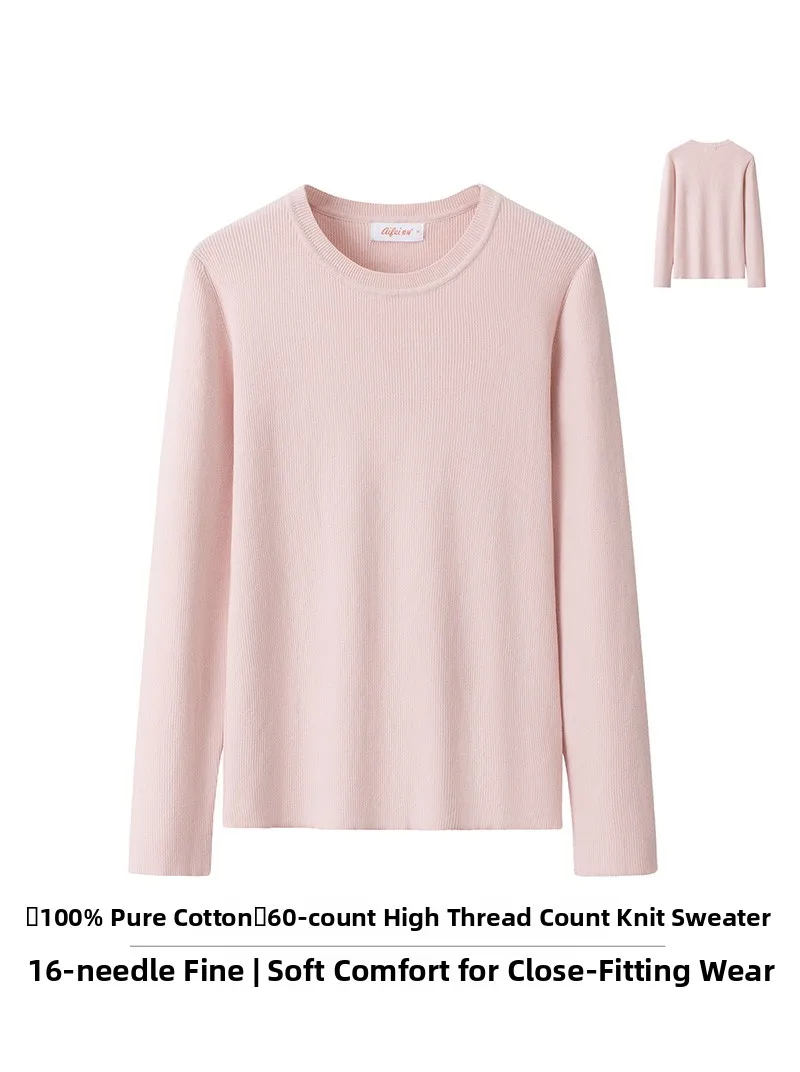 

00% Pure Cotton Women's Knitted Long Sve round Ne Sweater Soft Cotton Blend Casual Inner Wear Versatile Autumn Top