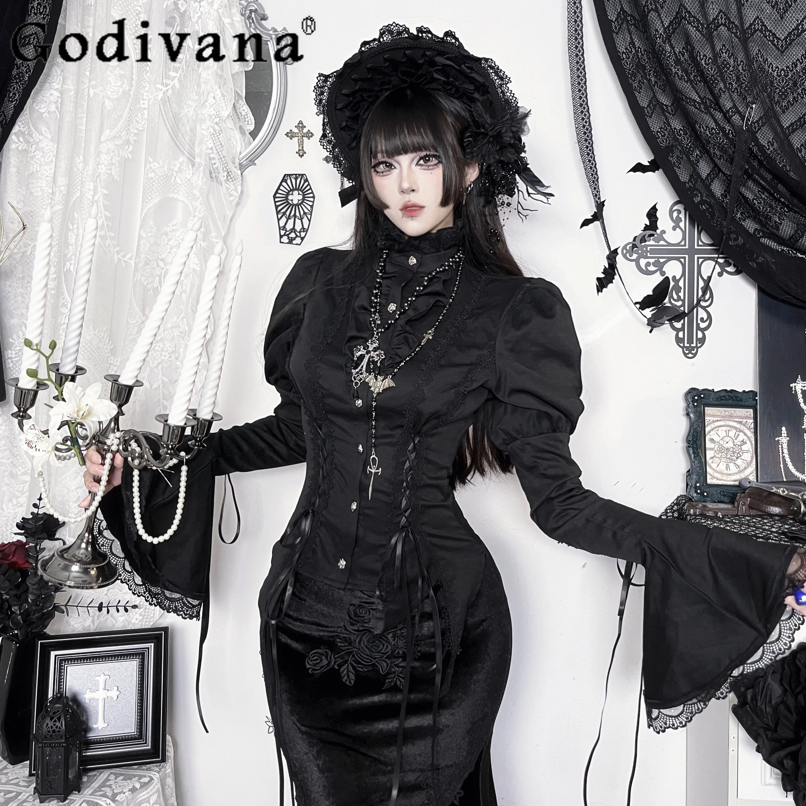 القوطية الظلام نمط أسود هالوين ملابس الإناث قميص أسود طويل الأكمام تأثيري حورية البحر تنورة الدعاوى النساء تأثيري ازياء مجموعة