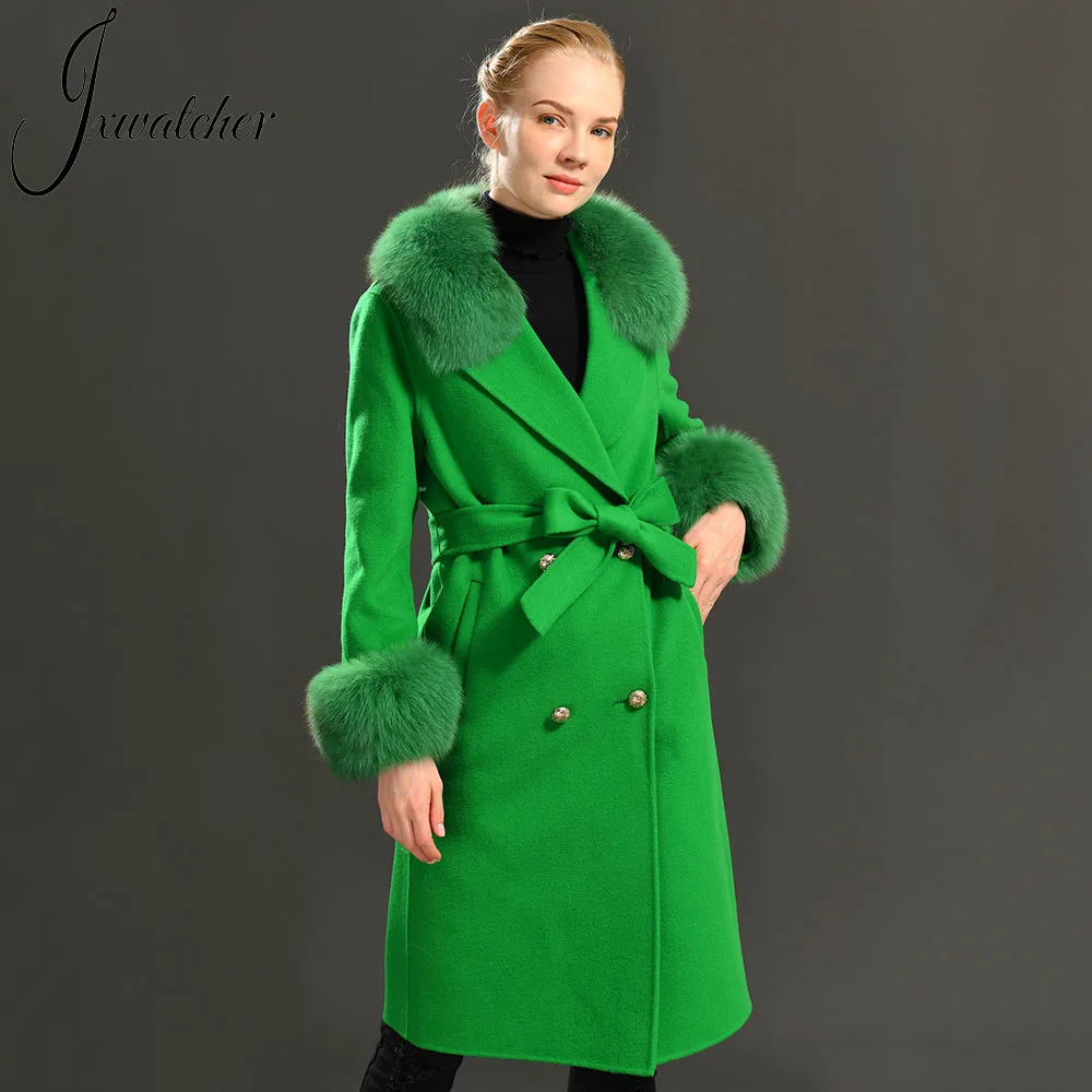 Women\'s Cashmere Wool Coat Spring Real Fox Fur Collar Woolen Trench Jacket Winter Adjustable Waist Slim Ladies Long Overcoat