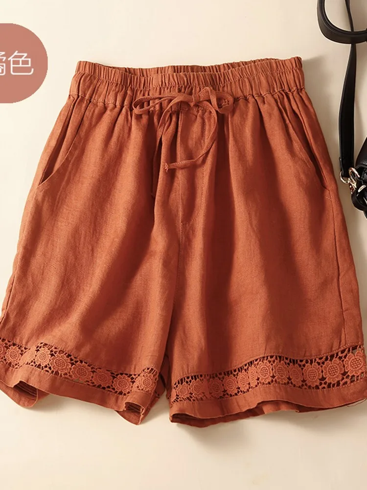 Women Summer Casual Shorts New 2022 Vintage Style Hollow Out Lace Loose Comfortable Elastic Waist Female Short Pants B2045