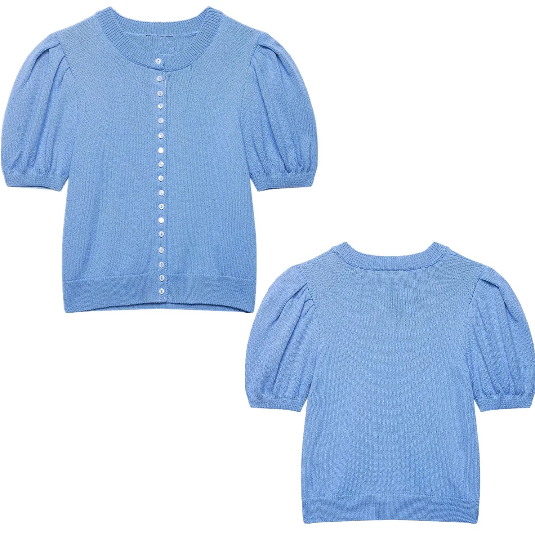 

Maxdutti Nordic Minimalist Retro Bubble Sleeve Knitted Sweater Single Breasted Short Sweater For Woman Clothing Tops